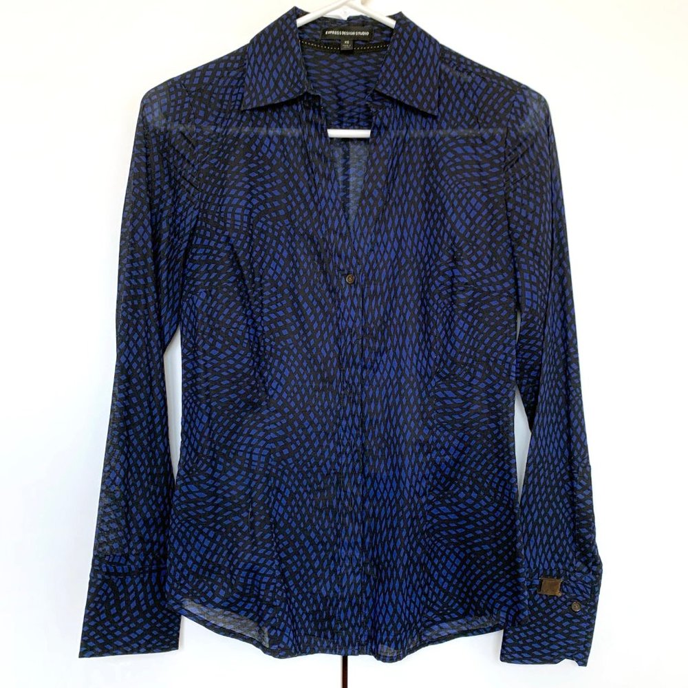 Express Blue Black Patterned Cotton Button Down